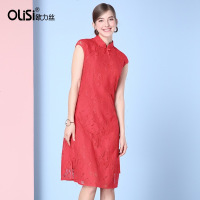 欧力丝勾花镂空蕾丝连衣裙女改良旗袍连衣裙红色a字裙高贵婚宴礼