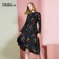 OLiSi欧力丝连衣裙长袖印花长裙时尚优雅气质连衣裙前短后长燕尾