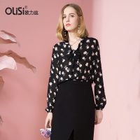 OLiSi欧力丝2018春装新款气质碎花网纱雪纺长袖上衣系带衬衫女