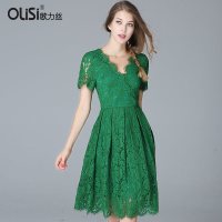 【促】OLiSi春装新款女连衣裙韩版时尚v领大摆a字粉色公主裙中长