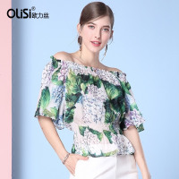 欧力丝2018新款女装夏装时尚小衫雪纺碎花衬衫 一字领短款上衣女