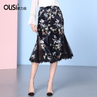 OLiSi金丝绒半身裙小香风蕾丝包臀裙复古碎花鱼尾裙短裙