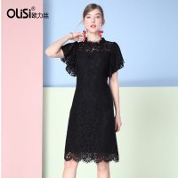 OLiSi名媛气质中长款睫毛蕾丝修身连衣裙