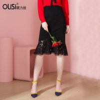 OLiSi欧力丝蕾丝半身裙黑色包臂短裙女夏2018春季新款鱼尾裙子