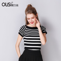 欧力丝2018新款简约修身黑白条纹圆领套头百搭短袖针织衫时尚女夏
