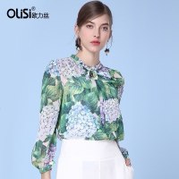 欧力丝新款夏装女装潮2018小清新上衣长袖女衬衣蝴蝶结立领衬衫