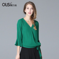 欧力丝春装新款欧美女装雪纺上衣女时尚v领喇叭袖打底衫大