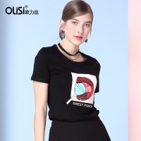 欧力丝欧洲站2018夏装新款亮片潮流印花棉t桖短袖修身体恤打底衫