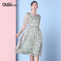 欧力丝甜美风高腰圆领五分袖宽松碎花百褶雪纺连衣裙女夏2018新款