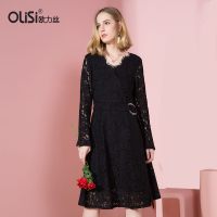 OLiSi欧力丝蕾丝长袖连衣裙女2017秋装新款修身显瘦中长款打底裙