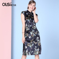 OLiSi2018春新款碎花连衣裙金丝绒复古旗袍开叉礼服打底裙