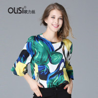 OLiSi夏季新款时尚几何印花衬衫女圆领喇叭五分袖雪纺上衣