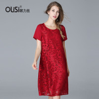 【促】OLiSi春秋新款女装大码显瘦复古绣花短袖大红色蕾丝连衣裙