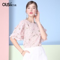欧力丝2018新款喇叭袖开叉碎花露肩宽松小清新气质中袖上衣仙女夏