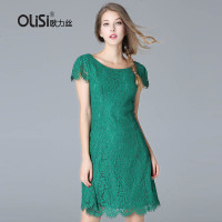【促】欧洲站春装新款女圆领绿色蕾丝连衣裙修身显瘦花边包臂裙