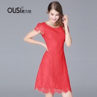 【促】欧洲站春装新款女时尚红色蕾丝连衣裙修身显瘦花边包臂裙