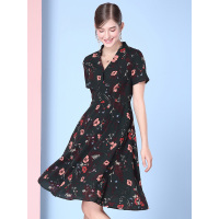 欧力丝冷淡风高腰V领短袖时尚碎花雪纺连衣裙女夏2018新款超仙