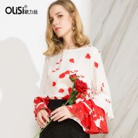 欧力丝花瓣仙气质上衣叠层喇叭袖衬衫女长袖红色雪纺衫一字领上衣