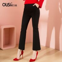 OLiSi2018冬装新款修身喇叭裤休闲裤长裤黑色裤子西裤高腰女裤