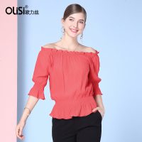 欧力丝超仙红/黑纯色一字领露肩半袖休闲上衣女夏2018新款