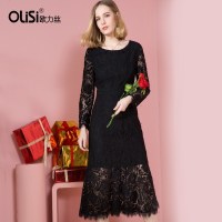 OLiSi女装长袖蕾丝修身高腰鱼尾连衣裙中长款秋冬2017新款礼服
