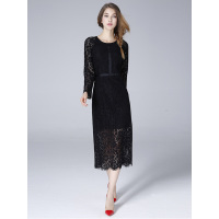 OLiSi欧洲站蕾丝连衣裙秋冬新款修身显瘦黑色打底裙中长款a字裙