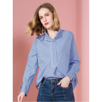 OLiSi蓝白条纹衬衫春季女装休闲个性立领上衣大号衬衫女长袖衬衣
