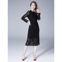 【促】OLiSi春季新品欧洲站修身黑色蕾丝连衣裙中长款长