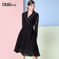 OLiSi水溶蕾丝连衣裙中长款交叉V领撞色大摆裙子2018春装新款女装