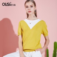 欧力丝2018新款圆领套头拼色短袖针织衫女夏季宽松薄款时尚上衣女