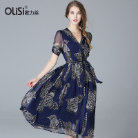 【促】OLiSi欧力丝夏季新品雪纺复古优雅印花连衣裙时尚收腰连衣