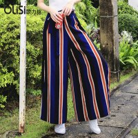 欧力丝时尚开叉垂感竖条纹阔腿裤女夏2018新款宽松休闲直筒裤子女
