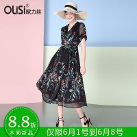 欧力丝2018新款气质修身V领a字雪纺连衣裙女夏