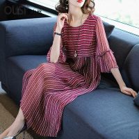 OLiSi女装2018春夏新款欧美女装宽松大码七分袖印花雪纺连衣裙