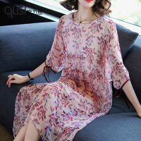OLiSi女装圆领优雅时尚不挑身材百搭浪漫印花连衣裙裙子