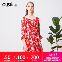 红色印花超仙雪纺连衣裙韩版灯笼袖V领百褶裙韩版中袖甜美公主裙