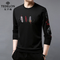 太子龙2019春季新款卫衣男圆领黑色外套打底衫修身印花男装X8691