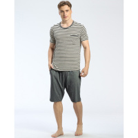男款圆领时尚条纹短袖短裤家居服套装