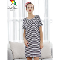 花雨伞新款女士家居睡裙 时尚条纹弹力圆领短袖宽松中裙