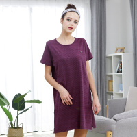 女款时尚圆领淑女条纹短袖睡裙睡衣连衣裙