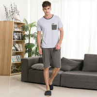 男款棉质圆领时尚休闲条纹短袖短裤家居服套装