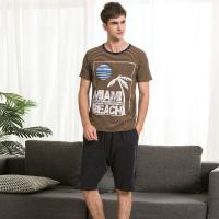 男款圆领时尚休闲横条印花短袖短裤家居服套装/睡衣套装
