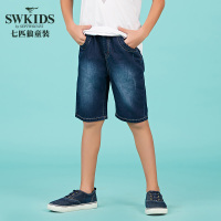 七匹狼品牌童装牛仔短裤男童时尚裤子大中童皮筋收腰深色五分裤