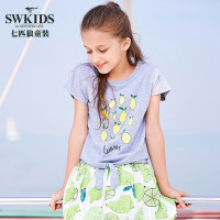 七匹狼官方旗舰店童装2018夏新品女童圆领时尚印花中大童上衣T恤