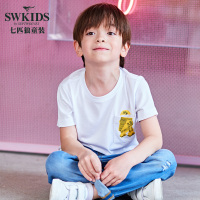 七匹狼童装男童圆领休闲薄款棉T恤大中童百搭胸前印花短袖上衣