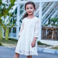 七匹狼童装女童连衣裙中袖蕾丝公主裙2018新品中大童米白色