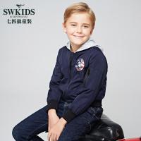 七匹狼童装2017秋冬外套男童上衣休闲茄克中大童连帽藏青色