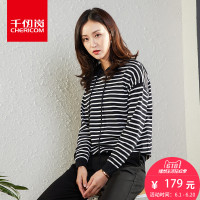千仞岗2018春季新款针织卫衣女连帽条纹款宽松毛衣女238006