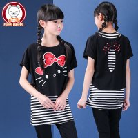 女大童2018夏季新款T恤胖女童条纹长款短袖中大童两件套卡通T恤衫