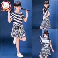 女童连衣裙夏装2018新款韩版短袖条纹公主裙大童12-15岁童装裙子